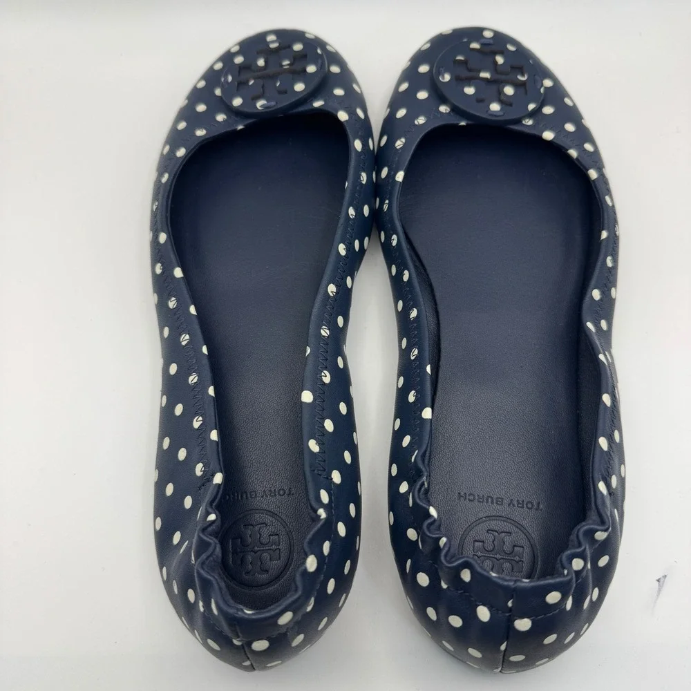 Tory Burch Minnie Travel Ballet Flats Navy Blue Polka Dot Leather Logo 8M 64985